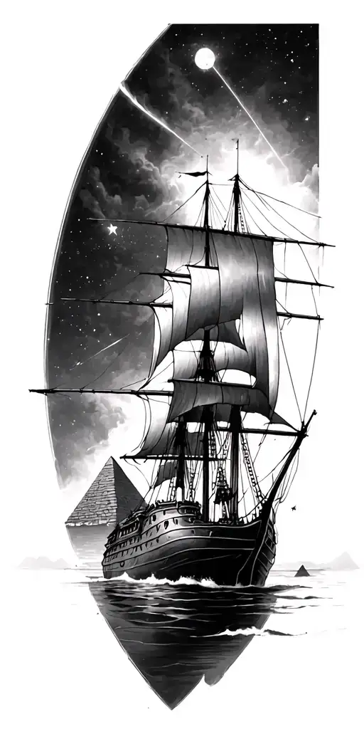 old british galleon below the 3 pyramids of gyiza alligned with orions belt tattoo design idea
