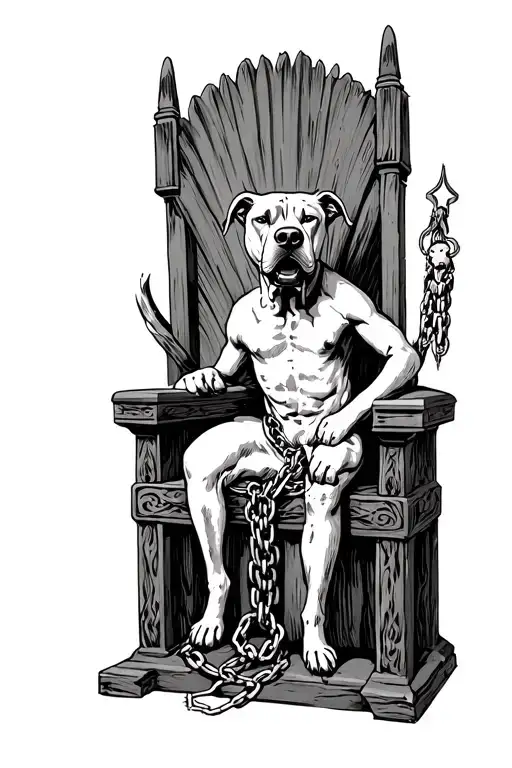 ceberus with pitbull faces chained to an throne in hell tattoo design idea