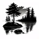 simple lake scene, calm lake, smooth rock shoreline, trees on left side, Sunbeam peaking out from clouds tattoo design idea
