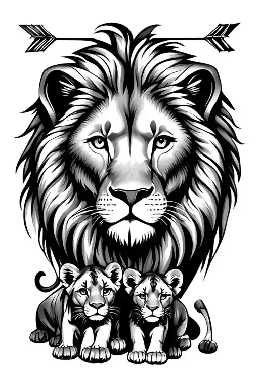 Lion lioness 2 lion cubs arrows name written tattoo design idea