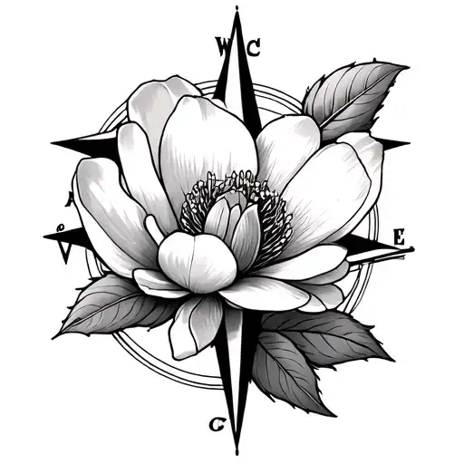 magnolia flower and compass rose tattoo design idea