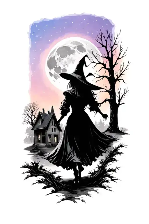 black and white, witch walking through the woods towards house. moon and pastel purple pink and blue sky. tattoo design idea
