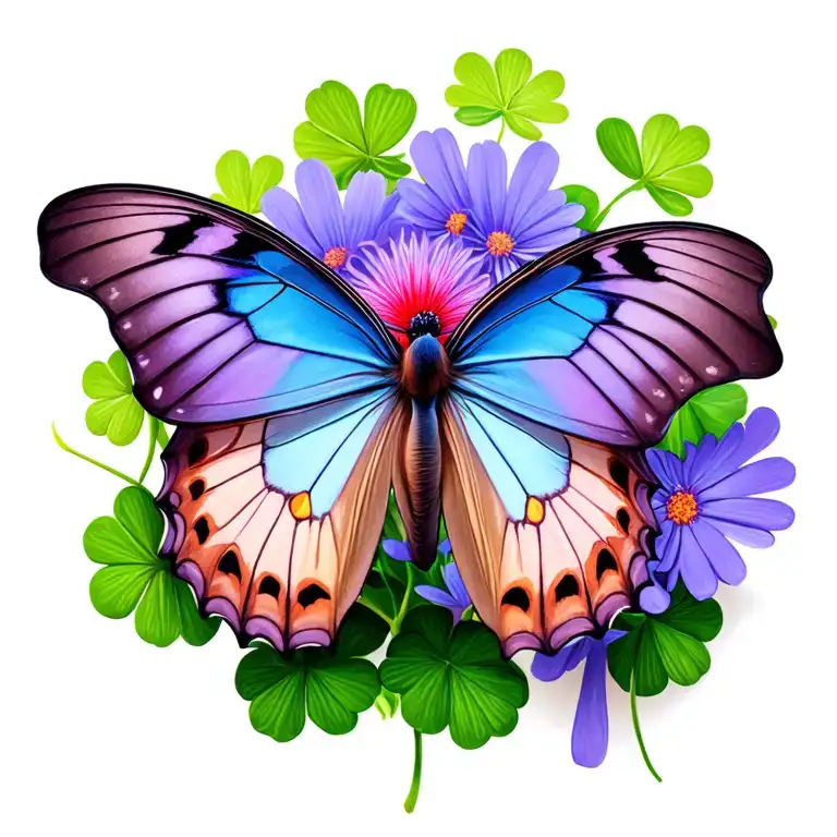 butterfly shamrock aster flower surrounded tattoo design idea