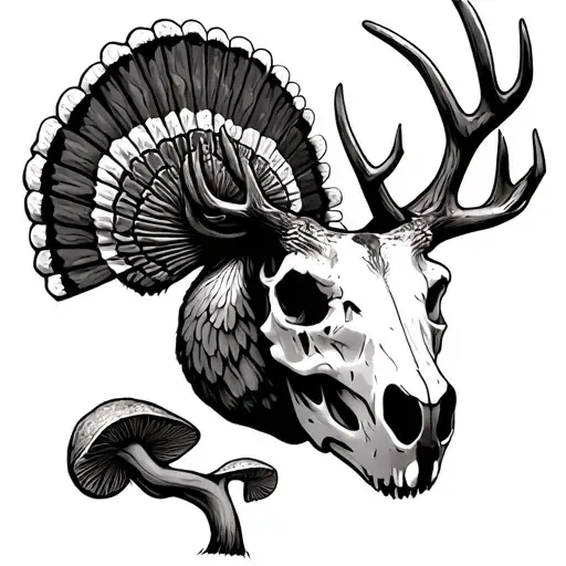 deer skull surrounded by turkey fan with morel mushroom tattoo design idea