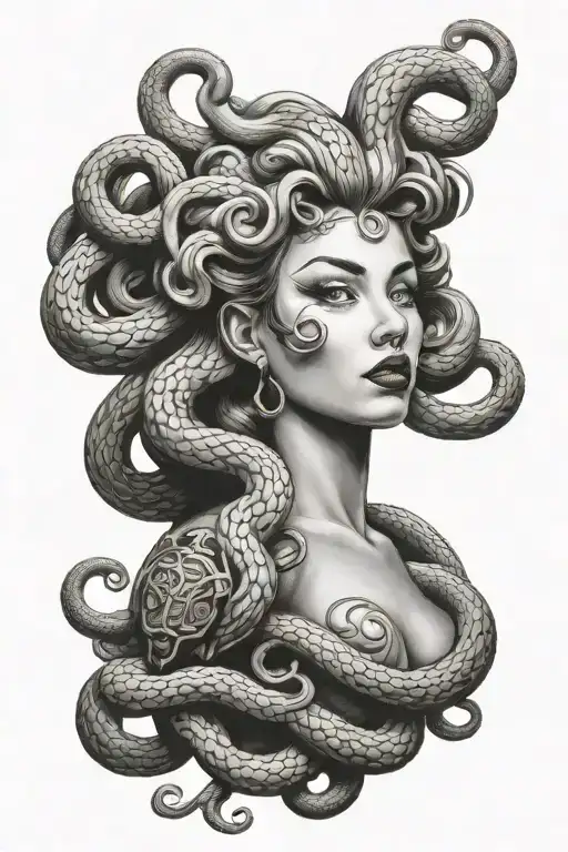 full body portrait of Medusa pin up  tattoo design idea