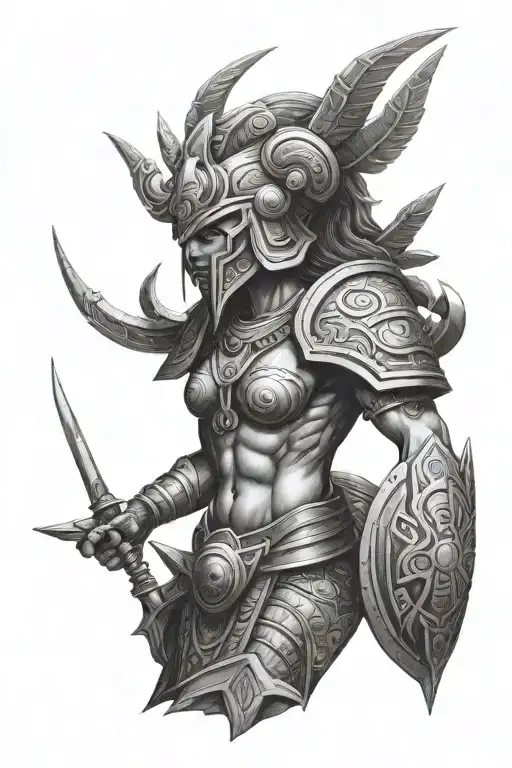 anunaki traveller / warrior holding futuristic object tattoo design idea