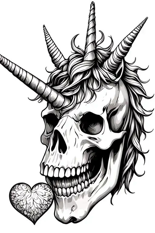 unicorn skull with heart in its mouth tattoo design idea