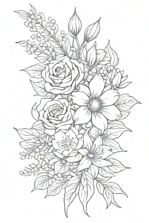 bouquet  of flowers intertwined that include a daisy, a lily of the valley, a rose, a cosmos, and a holly berry tattoo design idea
