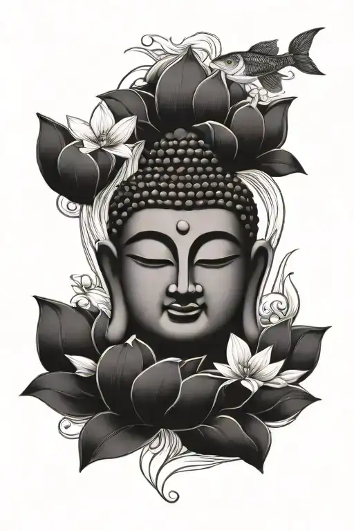 buddha face below lotus surrounded by fishes swimming together tattoo design idea