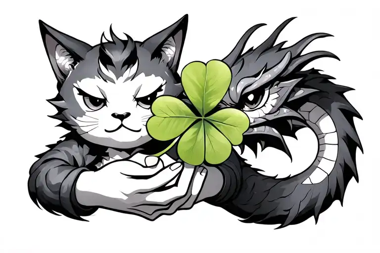 Manek-Neko holds a four-leaf clover in a paw, and the dragon wraps his hand. tattoo design idea