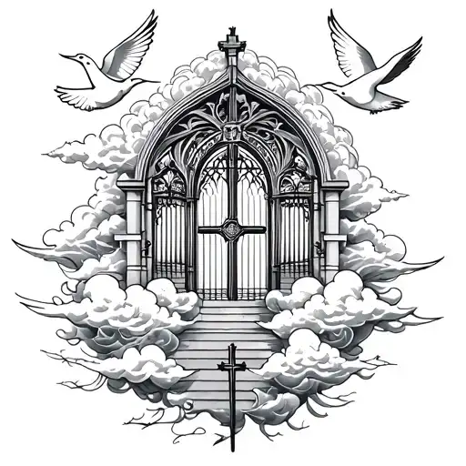 A detailed blackwork tattoo of the gates of heaven, crosses, clouds, and doves tattoo design idea