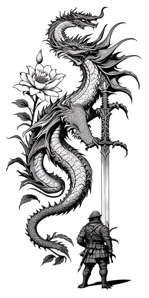Dragon with sword and flower growing and a soldier looks tattoo design idea