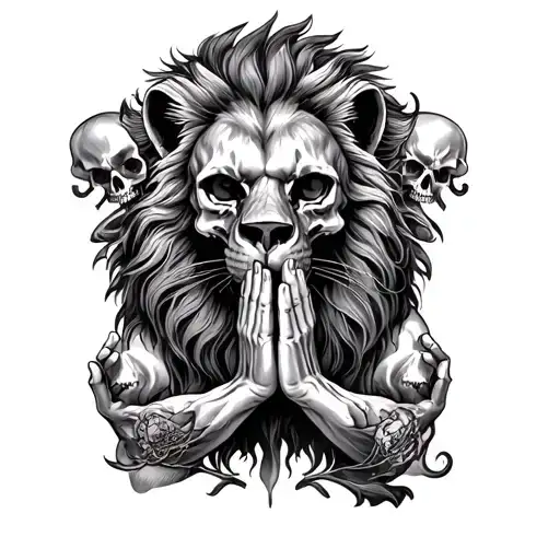 full leg tattoo with a lion ghost skulls with praying hands tattoo design idea