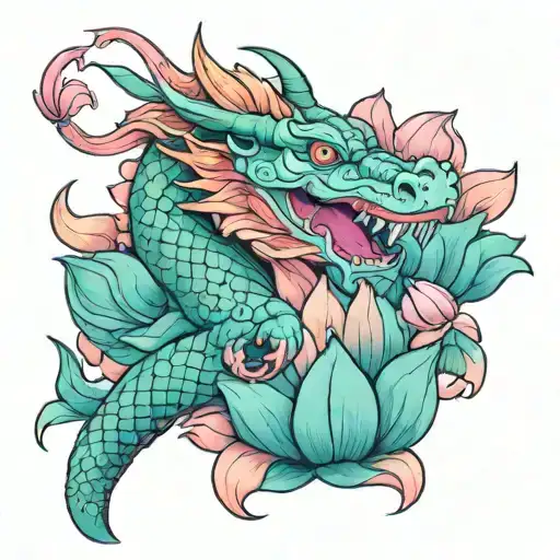 orange dragon with pink lotus flower tattoo design idea