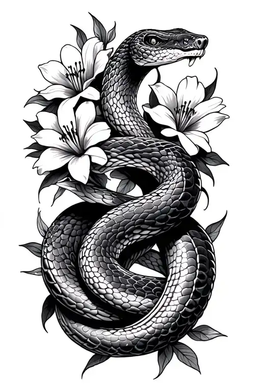 Wood snake and flowers tattoo design idea