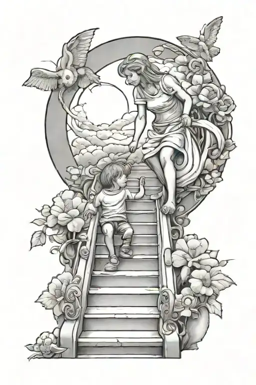 Mom and son in heaven climbing stairs to heaven tattoo design idea