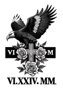 "VI.XXIV.MM" bald eagle, cross, roses tattoo design idea