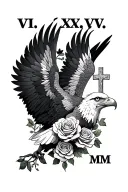 "VI.XXIV.MM" bald eagle, cross, roses tattoo design idea