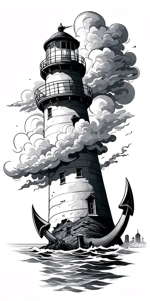 anchor with a lighthouse clouds above the lighthouse  tattoo design idea