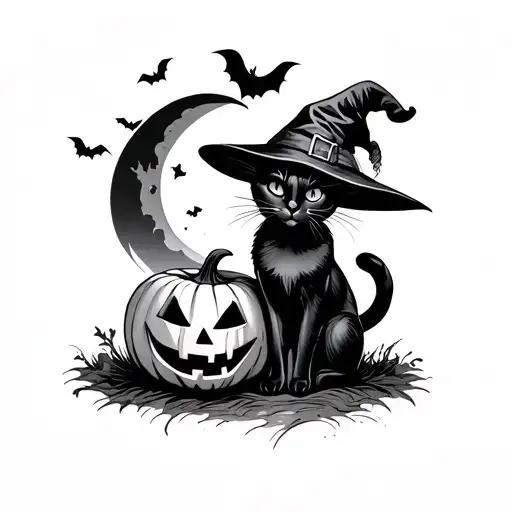 black cat wearing a witch hat sitting beside a jack-o'-lantern under the moon tattoo design idea