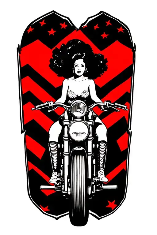 Pin up girl riding on a motor bike covering up corporal chevrons tattoo design idea