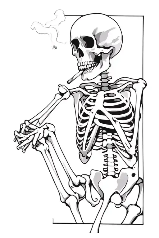 a stressed out skeleton with a 1,000 yard stare smoking a cigarette  tattoo design idea