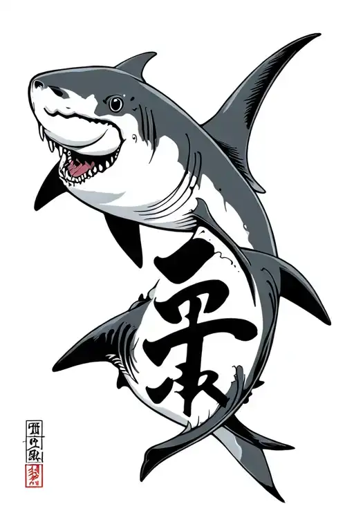 Japanese kanji characted with sharks swimming tattoo design idea