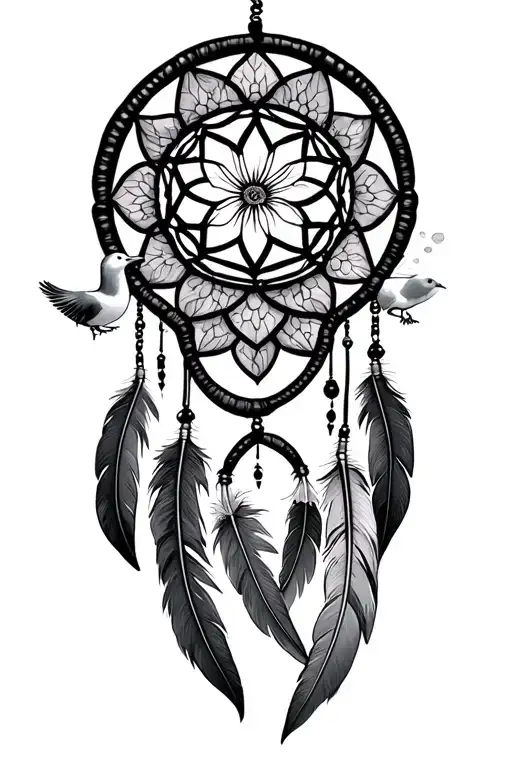 dream catcher with feathers, lotus flower, flower of life, and a dove tattoo design idea