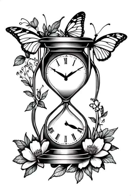 Gemini hourglass with clock and flowers and butterflies  tattoo design idea
