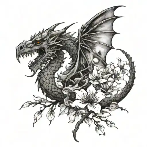  I want a tattoo whose main elements are a death's head and a dragon, with some cherry blossoms tattoo design idea