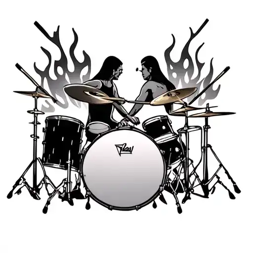 drummer percussion crossed in each other background with flames and glass shards tattoo design idea