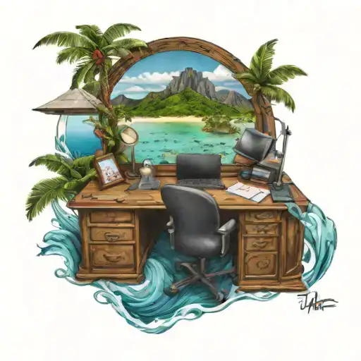 A realism tattoo of a manager's desk with a view of a beautiful island in Fiji, showcasing the client's occupation and favorite destination tattoo design idea