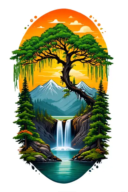 willow tree and waterfall forest mountain sunrise tattoo design idea