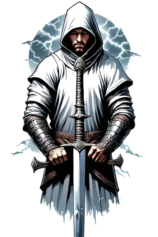 hooded warrior holding a sword with thunderstorm background tattoo design idea