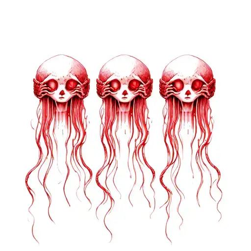 Three Medusas, see no evil, hear no evil, speak no evil. Red ink, realistic, snake hair. tattoo design idea