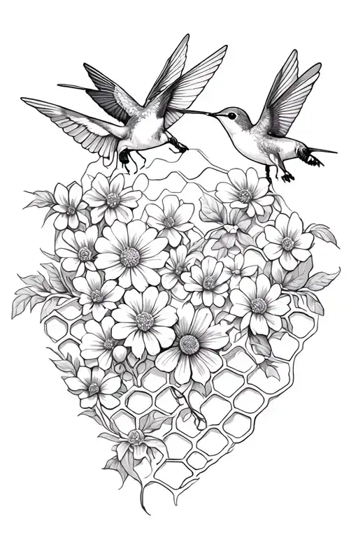 honey comb with bees and flowers intertwined with humming birds  tattoo design idea