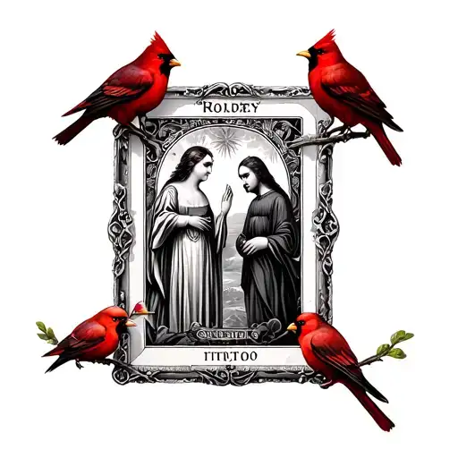antique picture frame with lovers tarot picture with 2 red cardinals on the outside tattoo design idea