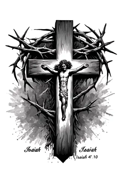 3 nail cross with crown of thorns with isaiah 41:10 as background  tattoo design idea