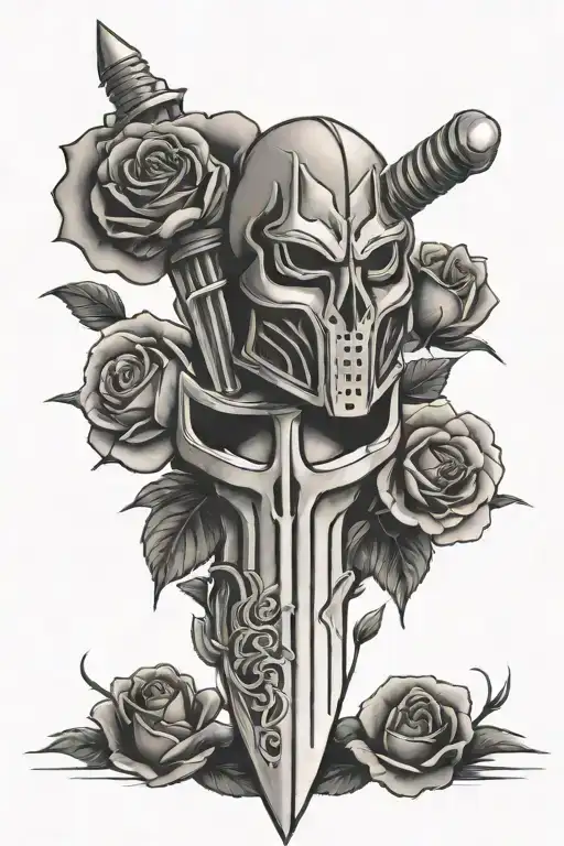Rose, Sword, MF Doom Mask Calf Tattoo tattoo design idea