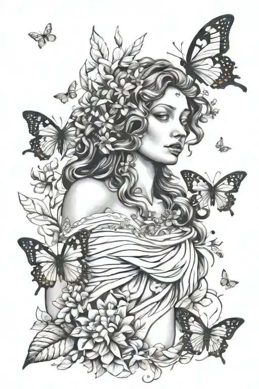 Greek goddess surrounded by butterflies and bees tattoo design idea