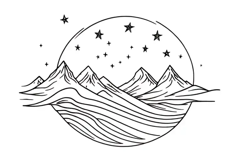 galaxy filled with stars, mountains, the ocean wave working together tattoo design idea