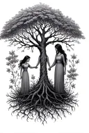 The girl, her mother and her grandmother hold hands and grow roots, turning into a tree tattoo design idea