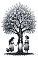 The girl, her mother and her grandmother hold hands and grow roots, turning into a tree tattoo design idea