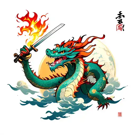 Japanese style dragon throwing fire grabbing a sword ... with clouds drawn back traditional Chinese and a planet tattoo design idea