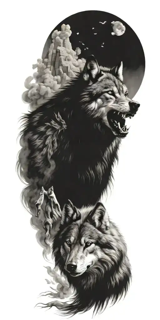 Werewolf Indian wolf, smoke clouds, Grand Canyon tattoo design idea