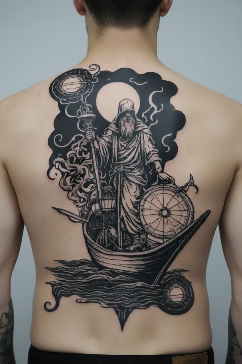 A boat in which Charon, the ferryman of the underworld, appears guiding the souls in the darkness with a lantern, style tattoo design idea