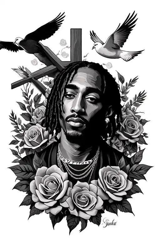 2pac side portrait surrounded in roses and doves flying next to giant cross tattoo design idea