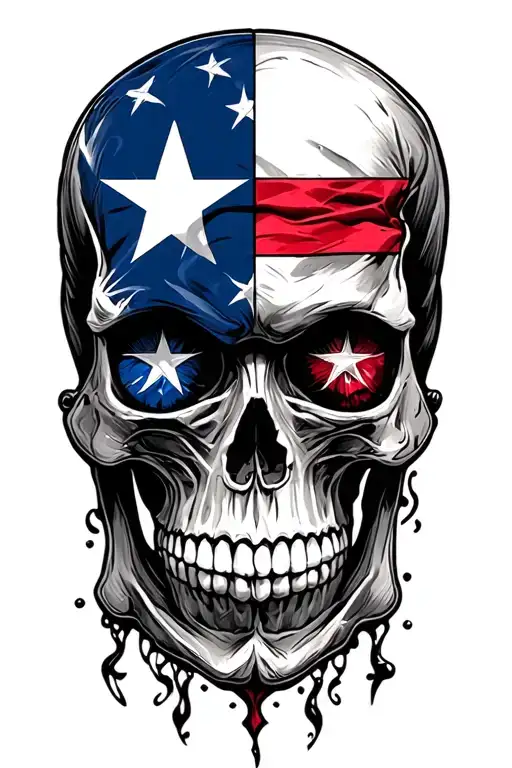 elaborate skull with texas and chicago flags in each eye tattoo design idea