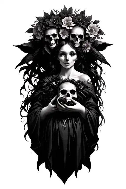 Persephone holding a pomegranate, Cerberus guarding , skull heads , flower crown with metal points tattoo design idea