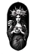 Persephone holding a pomegranate, Cerberus guarding , skull heads , flower crown with metal points tattoo design idea